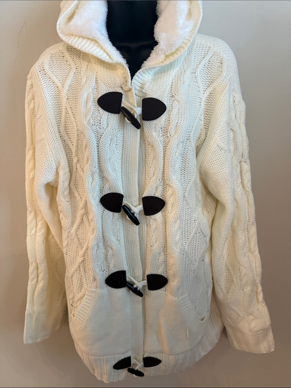 Cream Cable-Knit Toggle Hooded Cozy Winter Cardigan Toggle Buttons Size XL